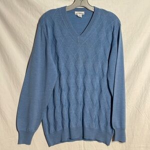Maus & Hoffman Sweater Medium Blue Vneck Argyle Knit Merino Wool Italy Mens M